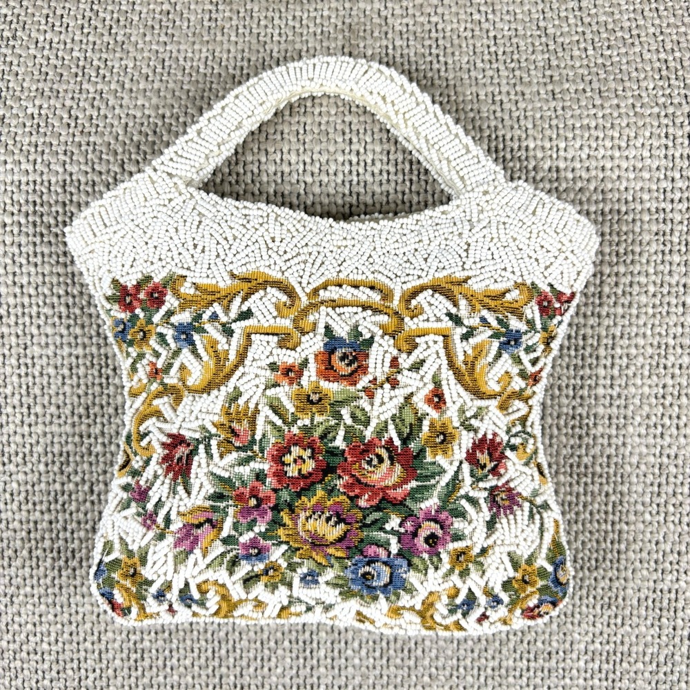 Vintage 1950s Ivory Tapestry Beaded Evening Bag Victorian Purse Hong Kong Made